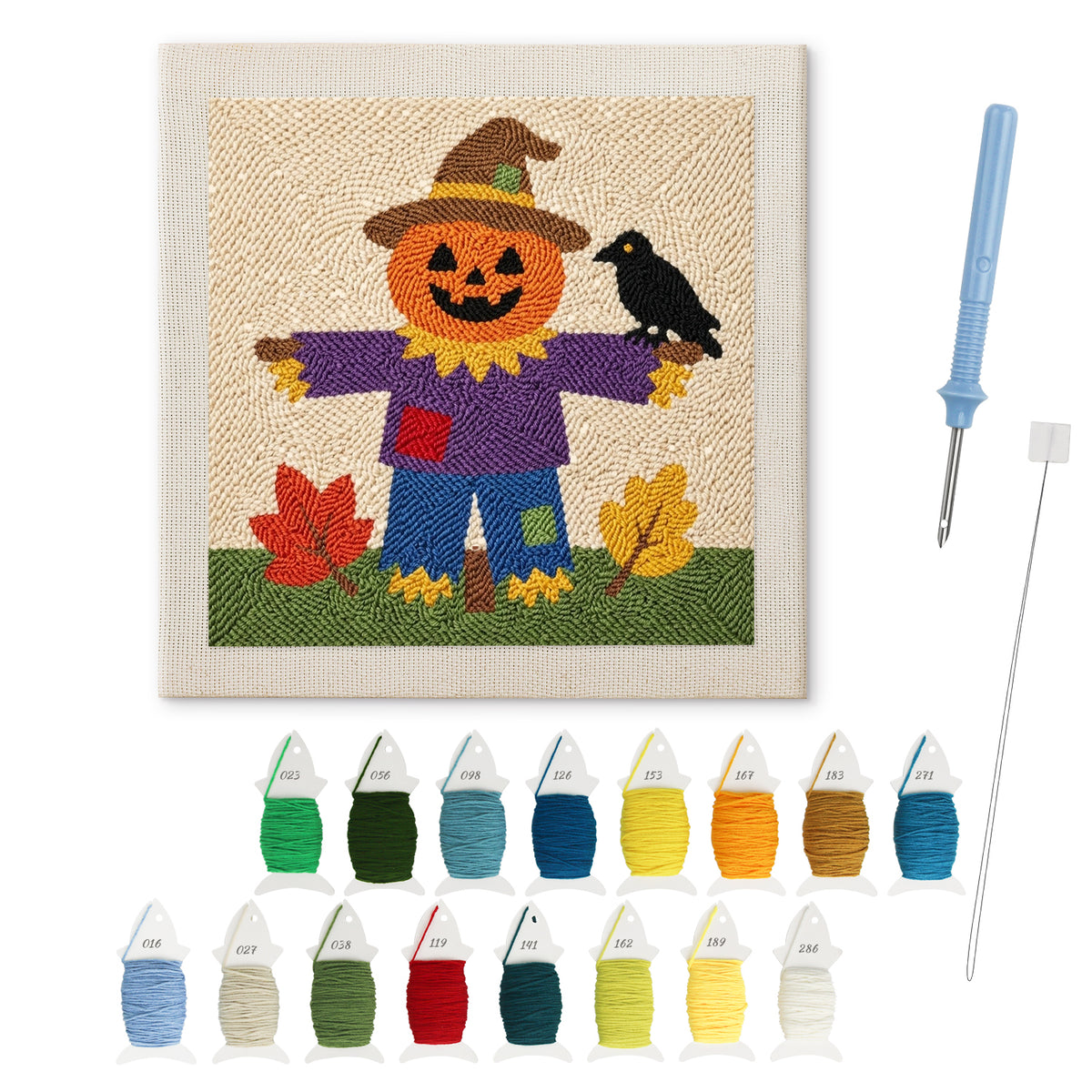 Scarecrow on the Hill punch needle kit: finished canvas with threads, punch needle and threader