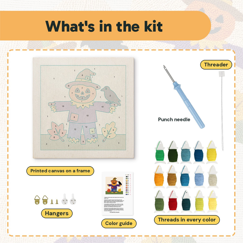 What is in the Scarecrow on the Hill kit: printed canvas, punch needle, threader, threads, color guide and hangers