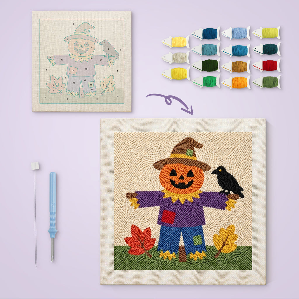 Scarecrow on the Hill canvas before and after punching, with the threads and tools