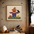 Finished Scarecrow on the Hill punch needle canvas on a wall
