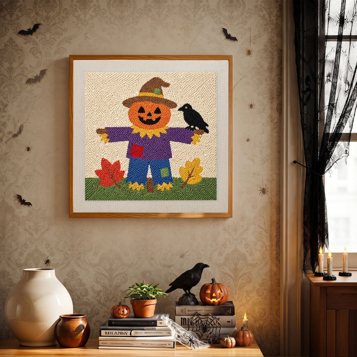 Finished Scarecrow on the Hill punch needle canvas on a wall