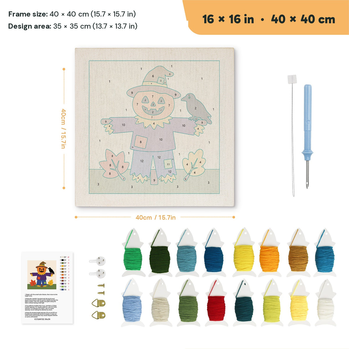 Scarecrow on the Hill punch needle kit, 16 × 16 in (40 × 40 cm): canvas size and kit contents