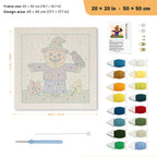 Scarecrow on the Hill punch needle kit, 20 × 20 in (50 × 50 cm): canvas size and kit contents