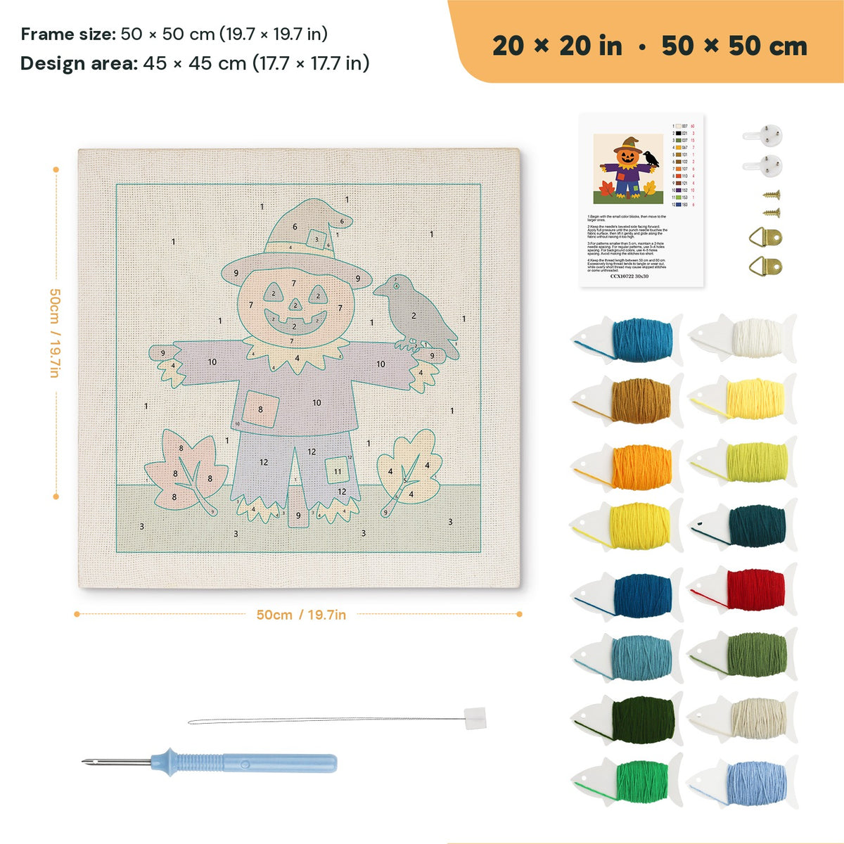 Scarecrow on the Hill punch needle kit, 20 × 20 in (50 × 50 cm): canvas size and kit contents