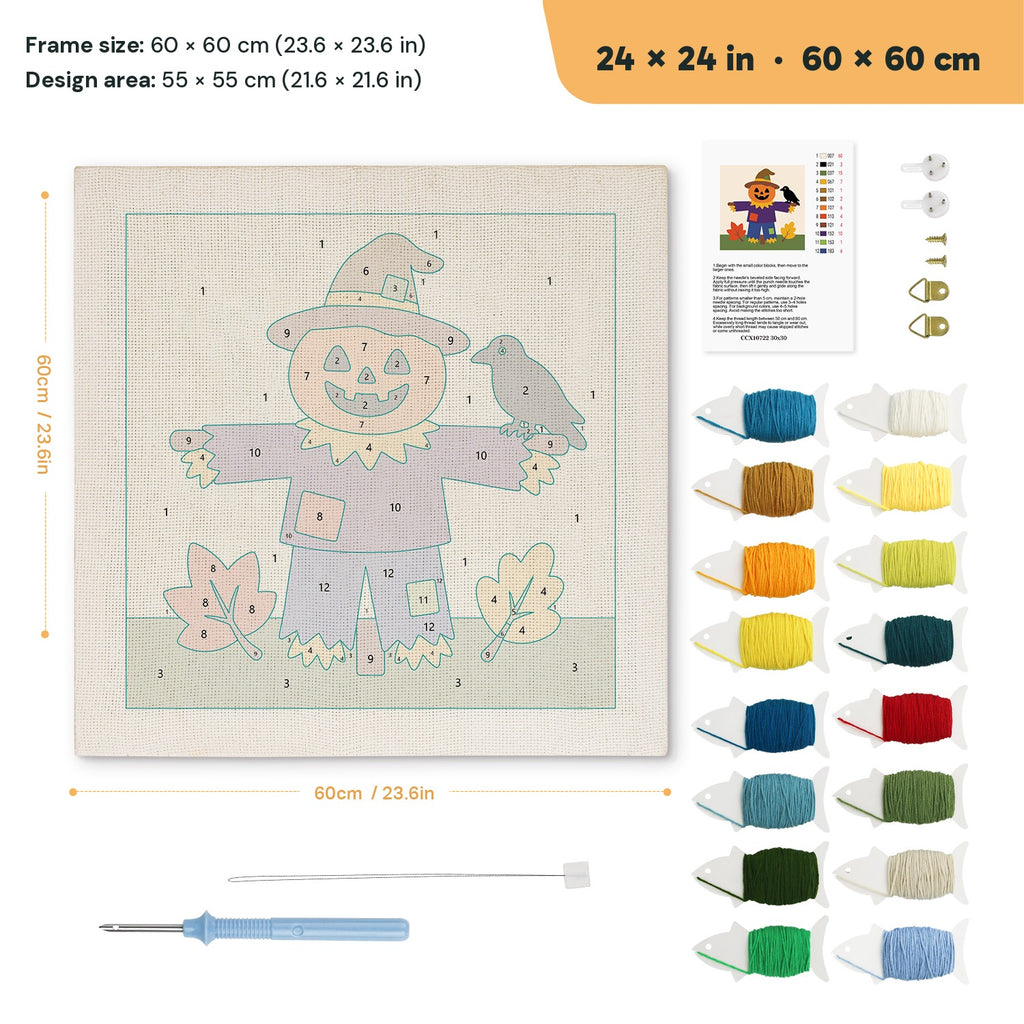 Scarecrow on the Hill punch needle kit, 24 × 24 in (60 × 60 cm): canvas size and kit contents