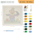 Scarecrow on the Hill punch needle kit, 24 × 24 in (60 × 60 cm): canvas size and kit contents