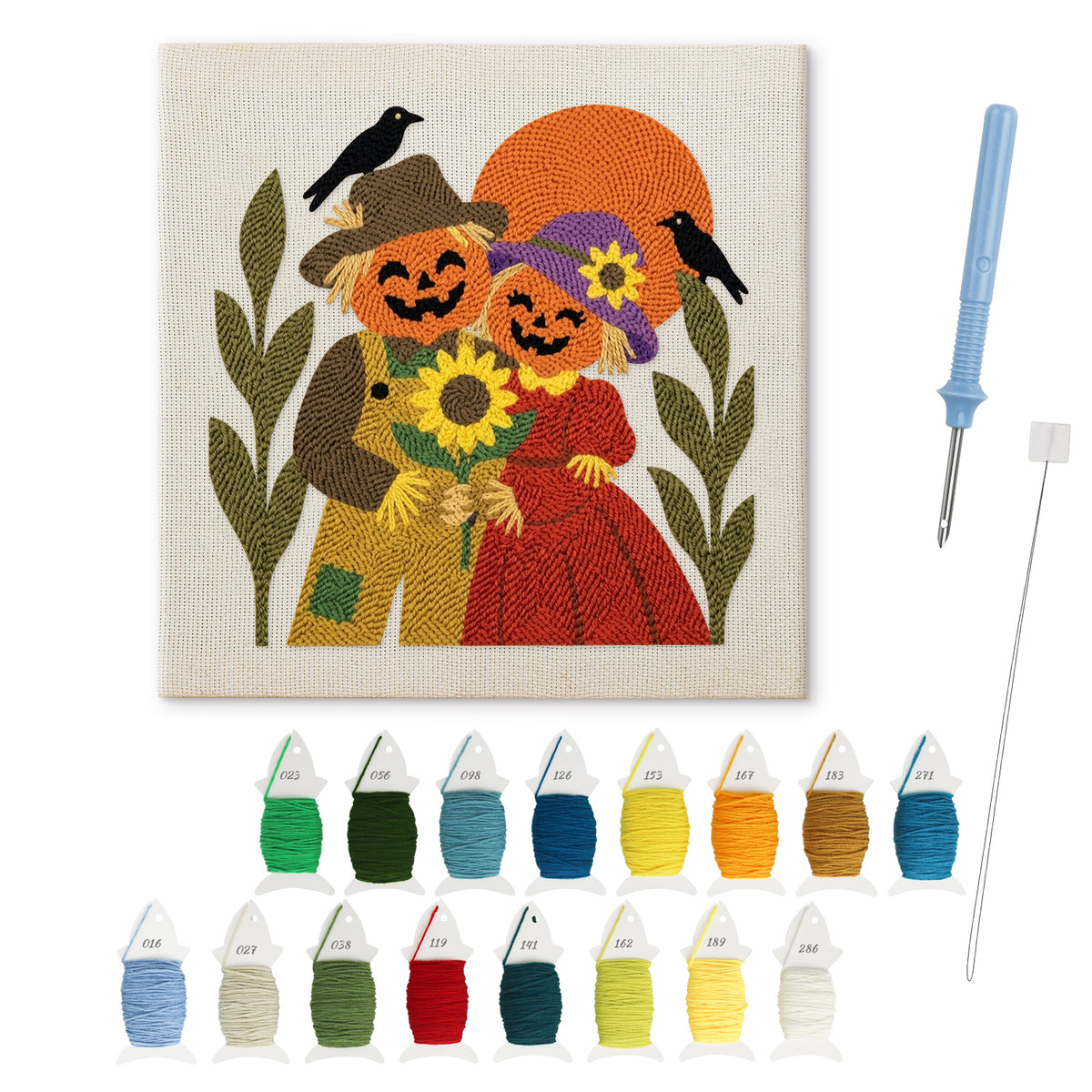 Scarecrow Sweethearts punch needle kit: finished canvas with threads, punch needle and threader