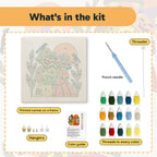 What is in the Scarecrow Sweethearts kit: printed canvas, punch needle, threader, threads, color guide and hangers