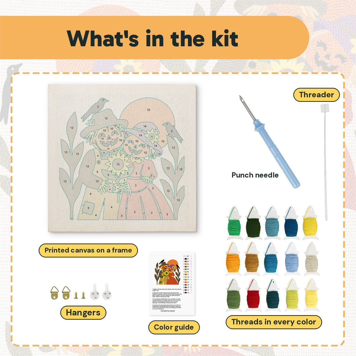 What is in the Scarecrow Sweethearts kit: printed canvas, punch needle, threader, threads, color guide and hangers