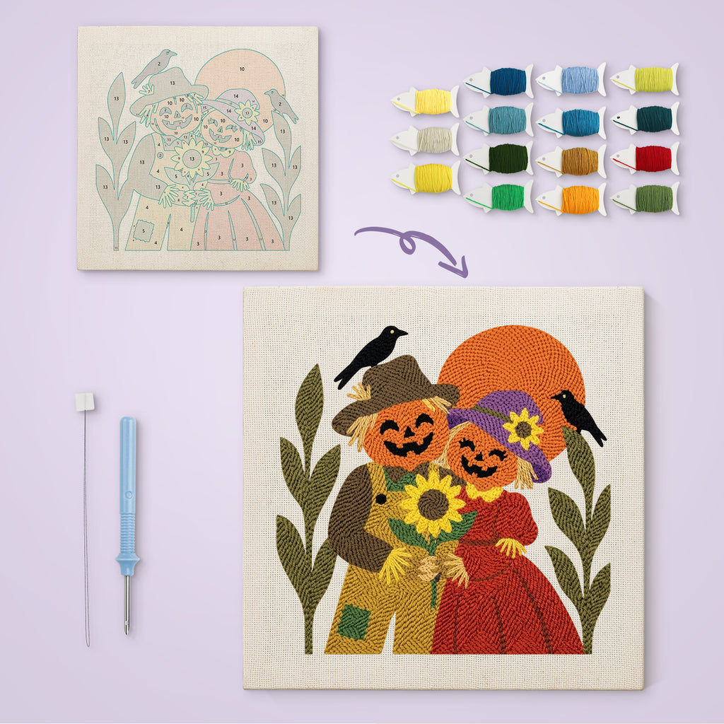 Scarecrow Sweethearts canvas before and after punching, with the threads and tools