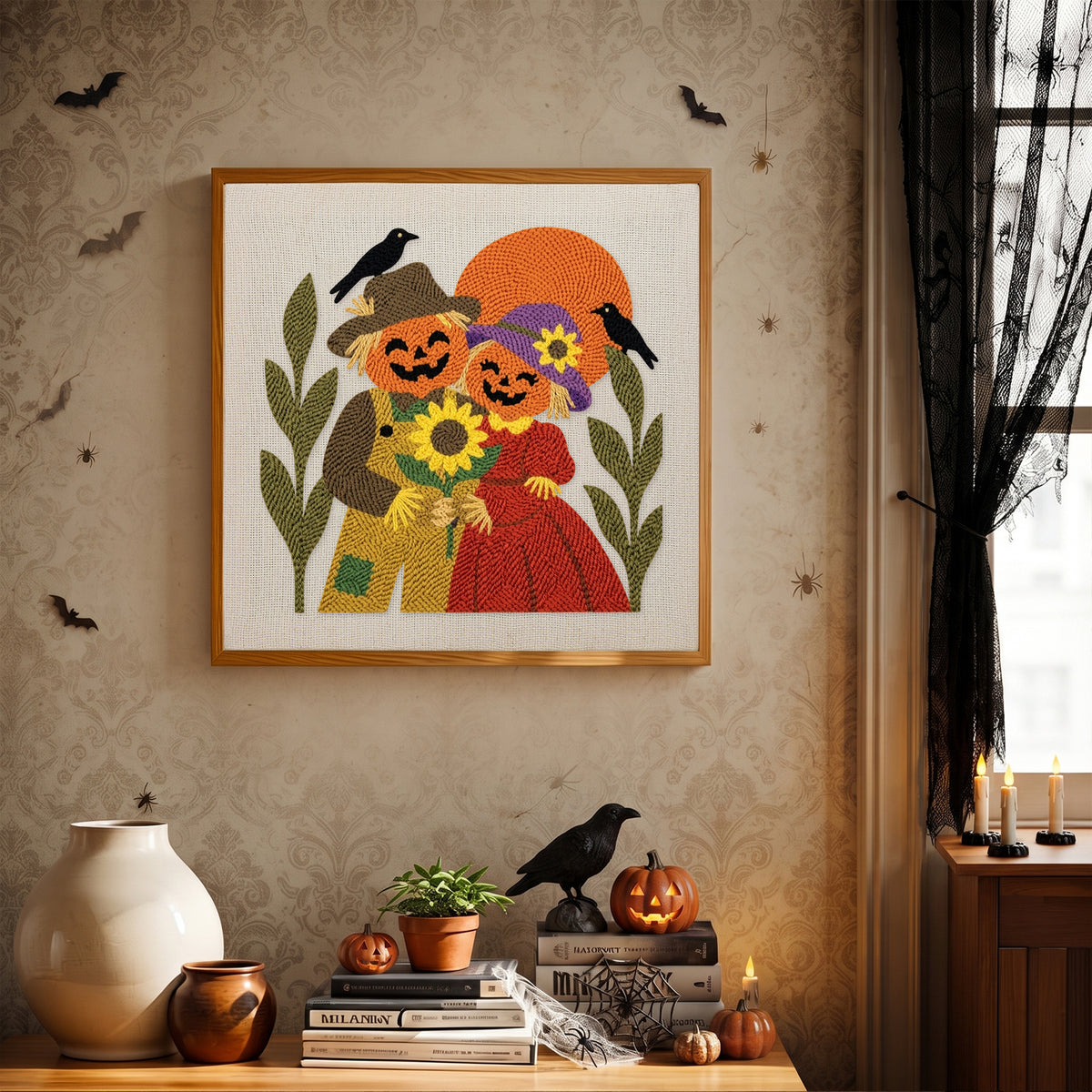 Finished Scarecrow Sweethearts punch needle canvas on a wall