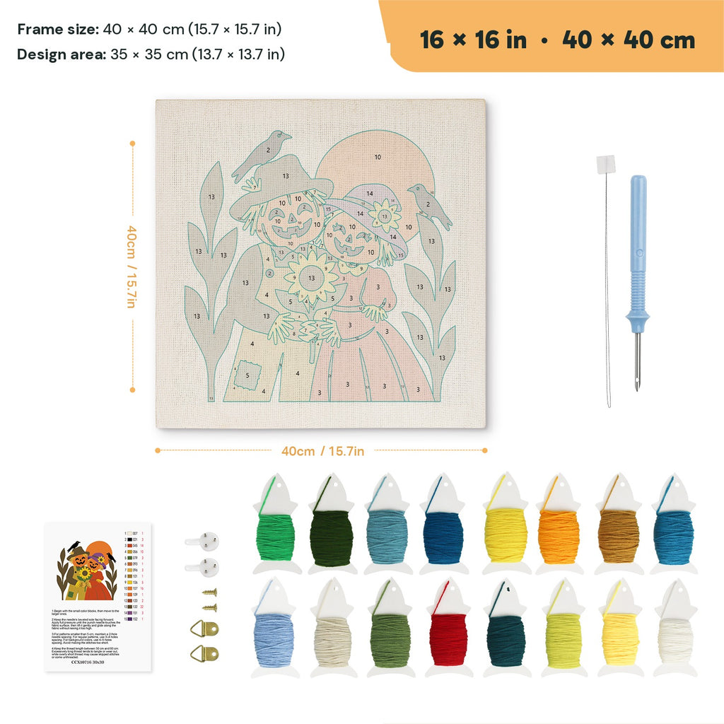 Scarecrow Sweethearts punch needle kit, 16 × 16 in (40 × 40 cm): canvas size and kit contents