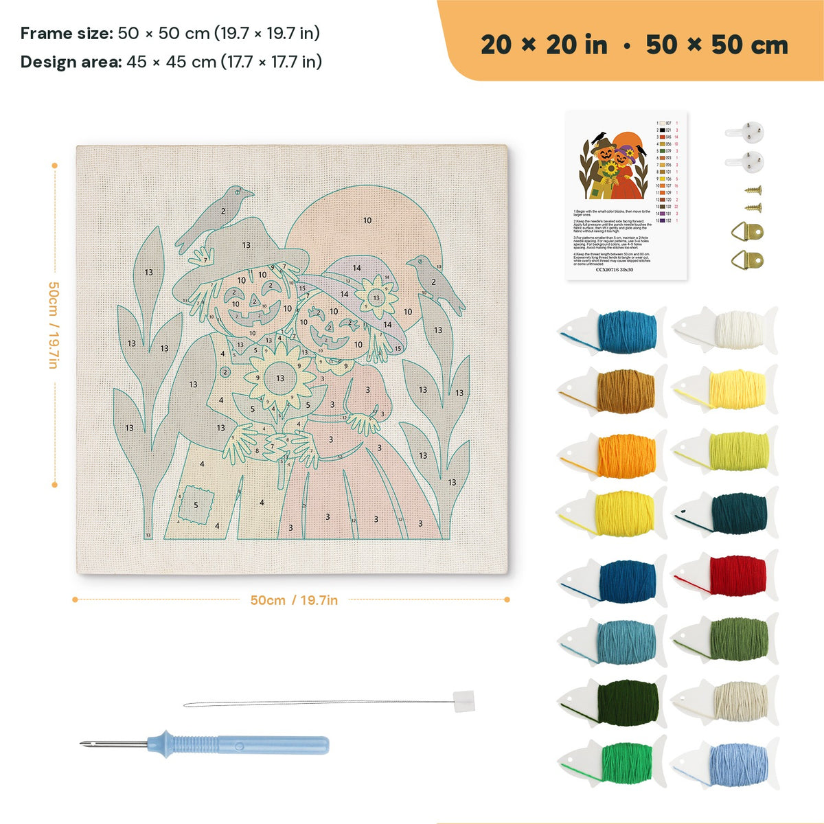 Scarecrow Sweethearts punch needle kit, 20 × 20 in (50 × 50 cm): canvas size and kit contents