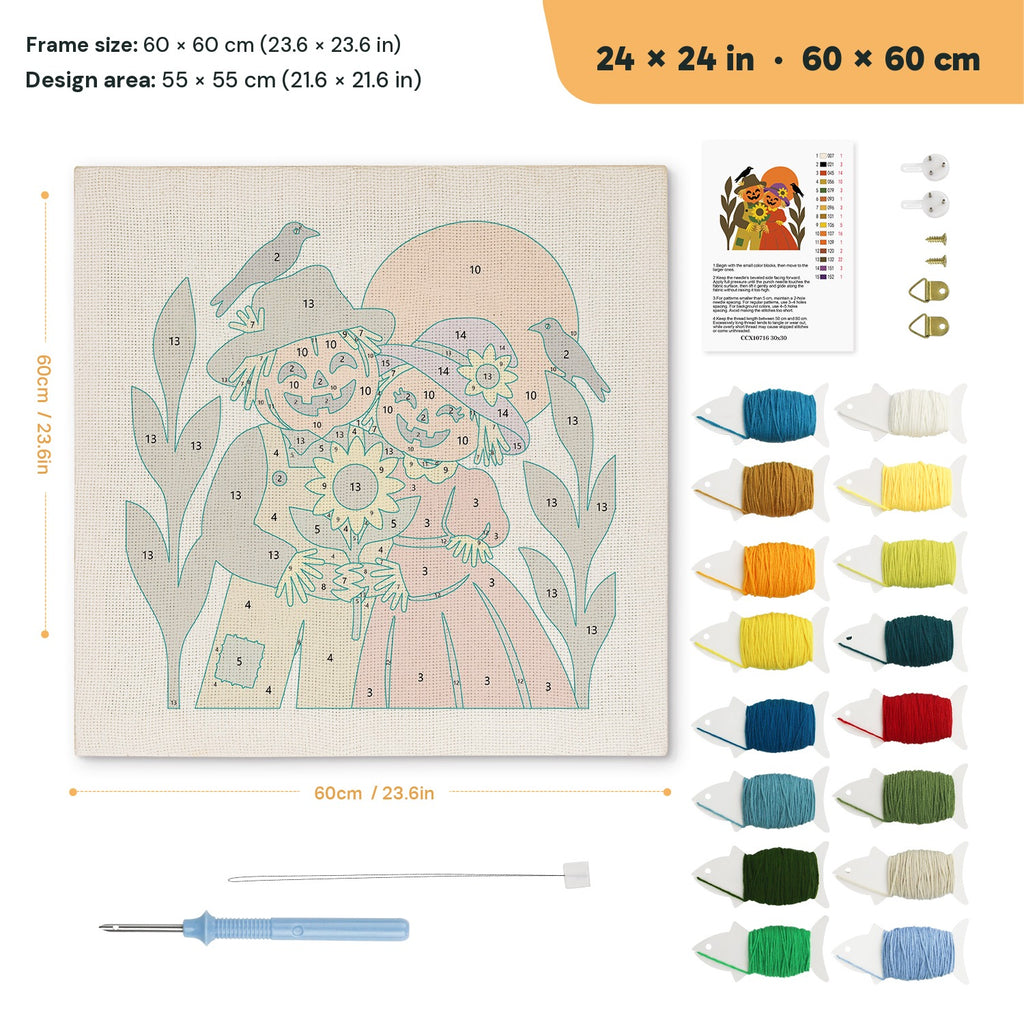 Scarecrow Sweethearts punch needle kit, 24 × 24 in (60 × 60 cm): canvas size and kit contents