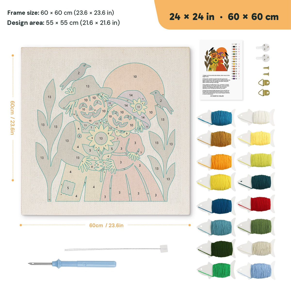 Scarecrow Sweethearts punch needle kit, 24 × 24 in (60 × 60 cm): canvas size and kit contents