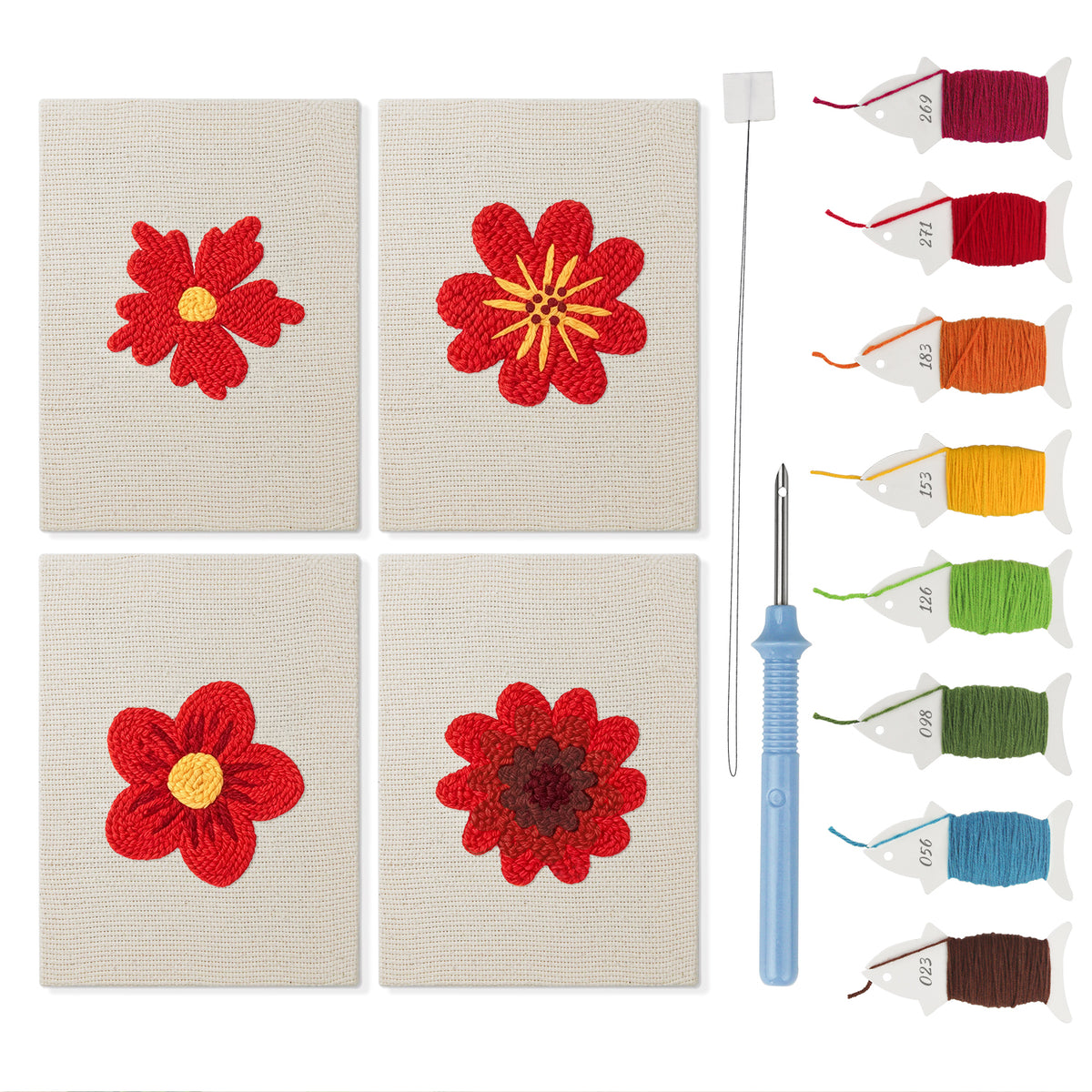 Scarlet Flower Heads mini punch needle kit set: four finished canvases with threads, punch needle and threader