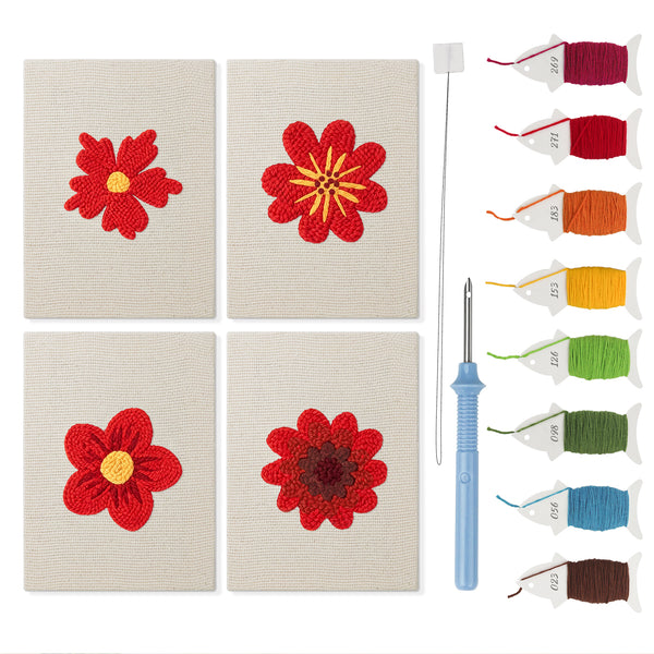 Scarlet Flower Heads mini punch needle kit set: four finished canvases with threads, punch needle and threader