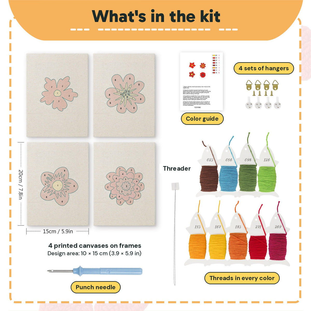 What is in the Scarlet Flower Heads set: 4 printed canvases, punch needle, threader, threads, color guide and 4 sets of hangers (6 × 8 in (15 × 20 cm) each)