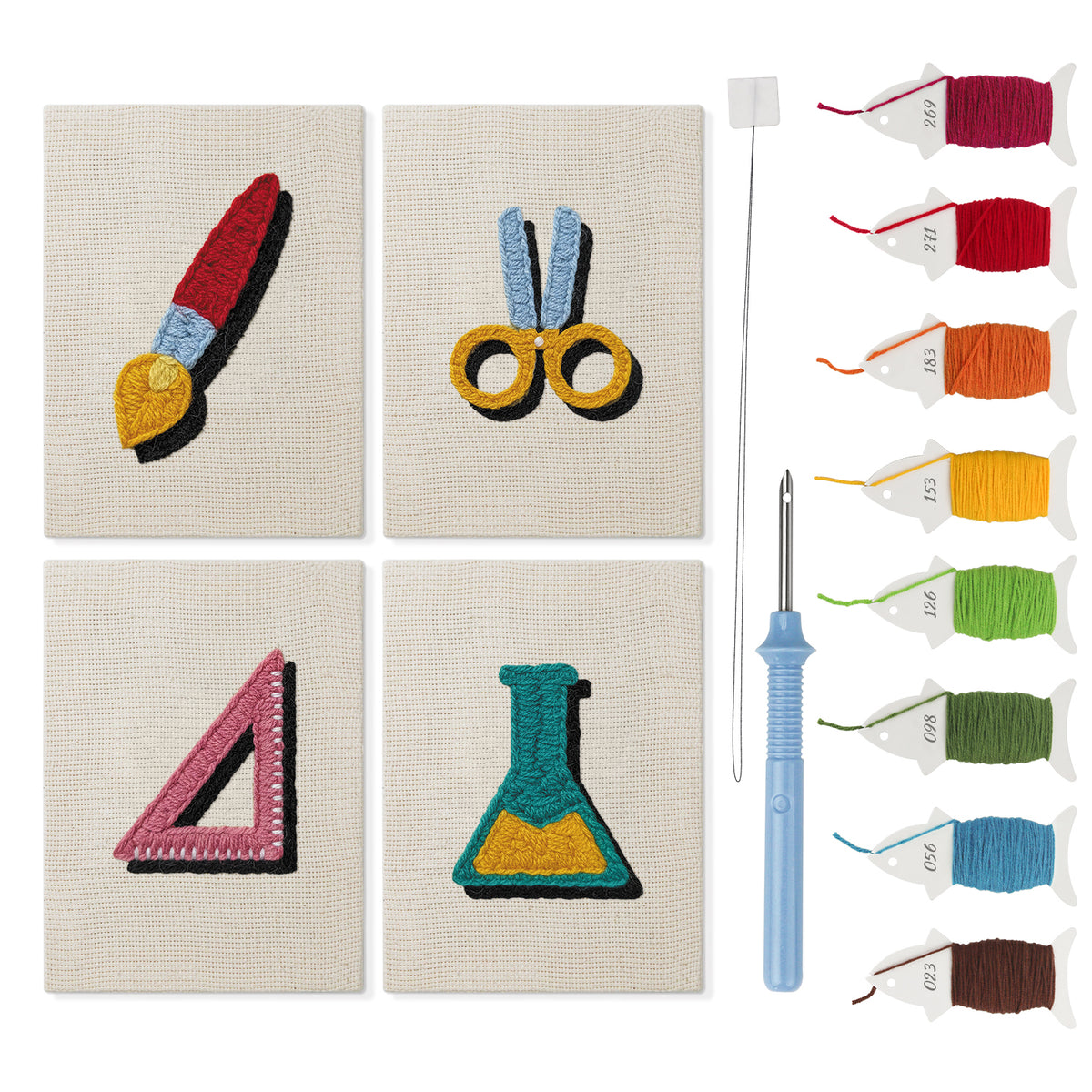 Science Class Flask mini punch needle kit set: four finished canvases with threads, punch needle and threader