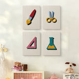 The four Science Class Flask mini canvases on a wall above a shelf
