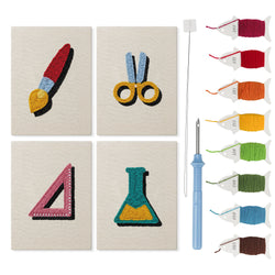 Science Class Flask mini punch needle kit set: four finished canvases with threads, punch needle and threader
