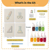 What is in the Science Class Flask set: 4 printed canvases, punch needle, threader, threads, color guide and 4 sets of hangers (6 × 8 in (15 × 20 cm) each)