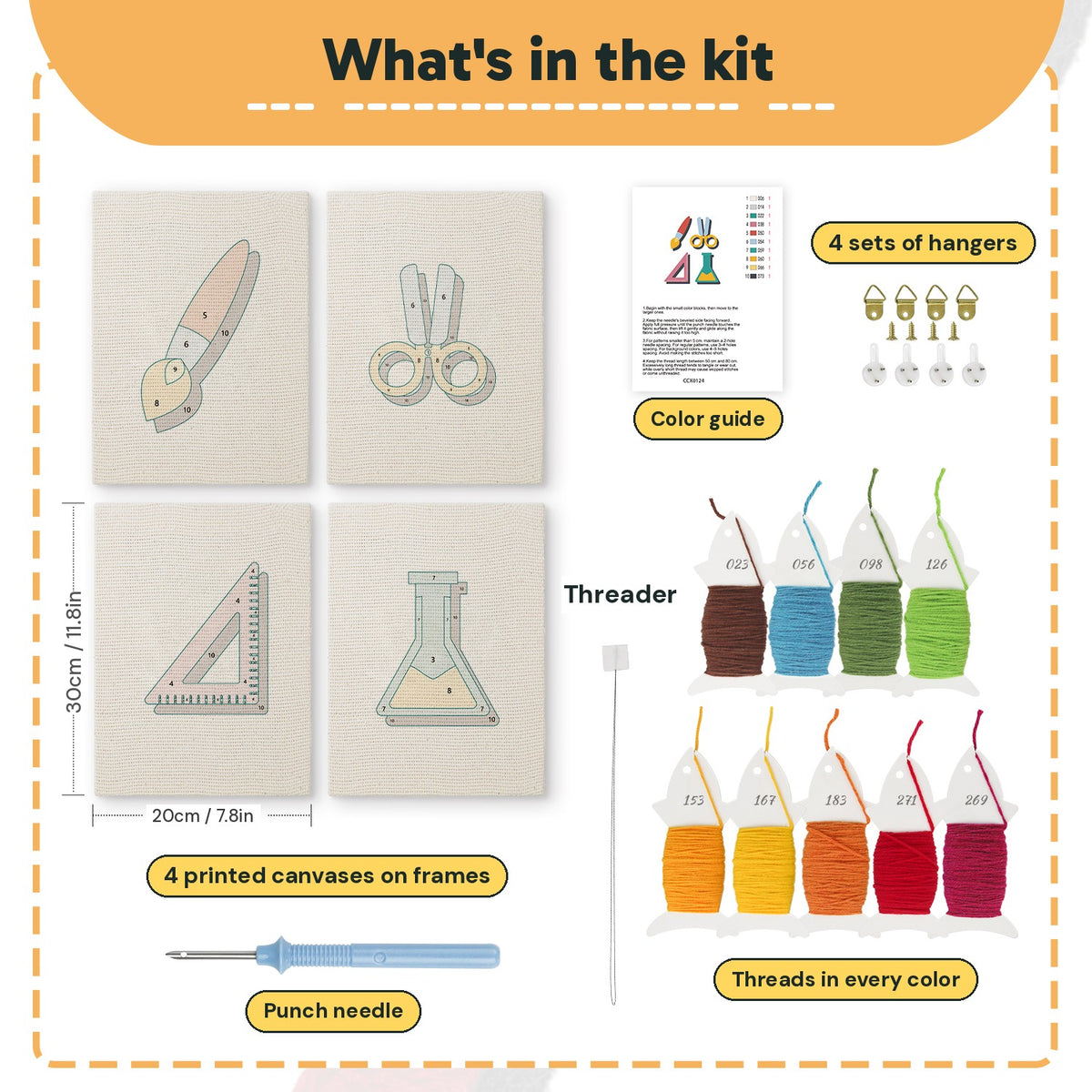 What is in the Science Class Flask set, 8 × 12 in (20 × 30 cm) each: 4 printed canvases, punch needle, threader, threads, color guide and 4 sets of hangers