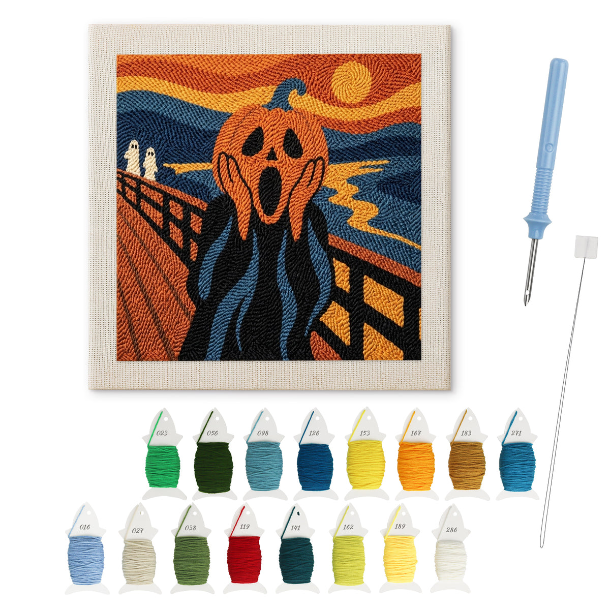 Screaming Pumpkin punch needle kit: finished canvas with threads, punch needle and threader