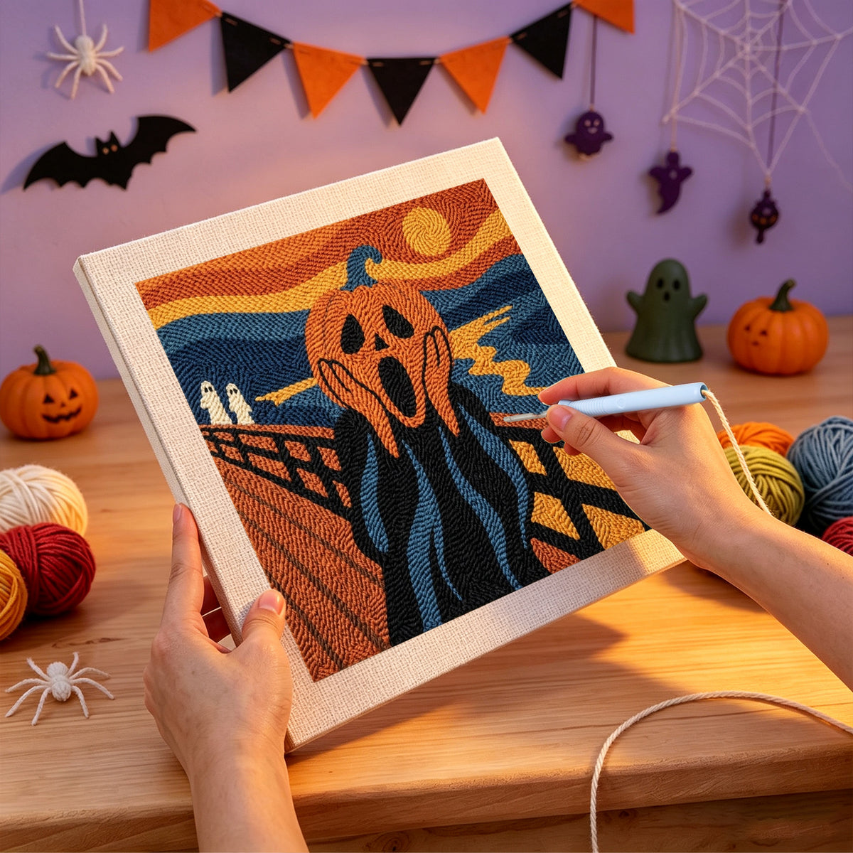 Punching the Screaming Pumpkin design with the punch needle