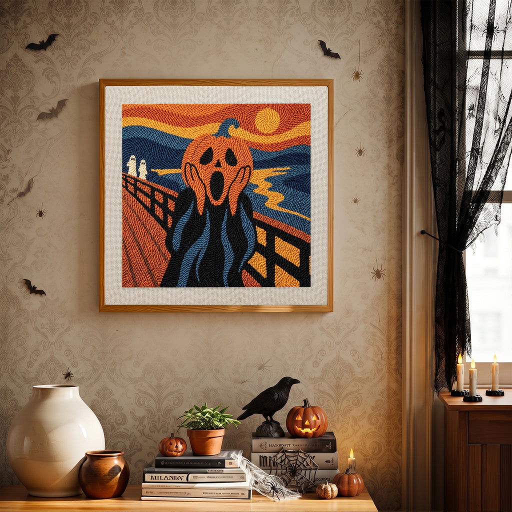 Finished Screaming Pumpkin punch needle canvas on a wall