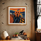 Finished Screaming Pumpkin punch needle canvas on a wall