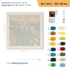 Screaming Pumpkin punch needle kit, 20 × 20 in (50 × 50 cm): canvas size and kit contents