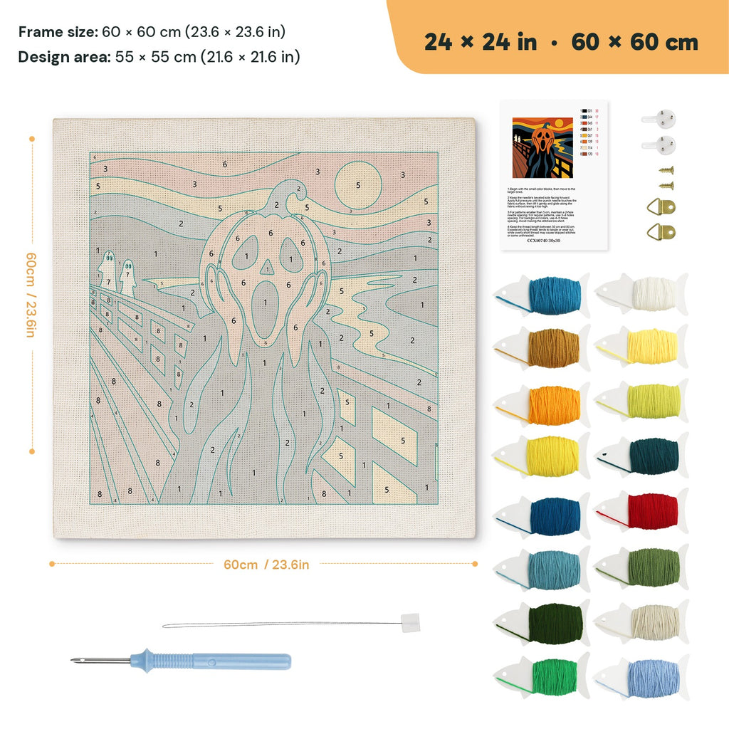 Screaming Pumpkin punch needle kit, 24 × 24 in (60 × 60 cm): canvas size and kit contents