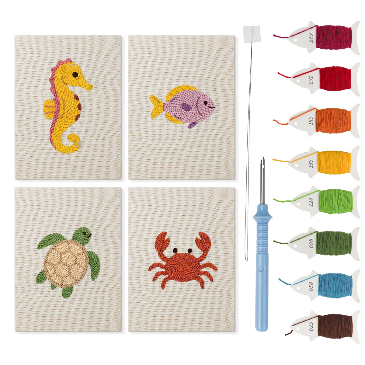 Seahorse and Crab mini punch needle kit set: four finished canvases with threads, punch needle and threader