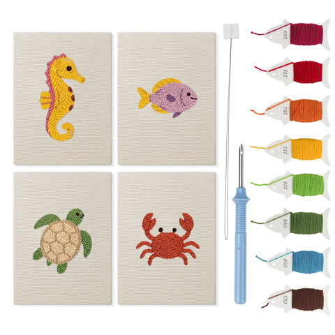 Seahorse and Crab mini punch needle kit set: four finished canvases with threads, punch needle and threader