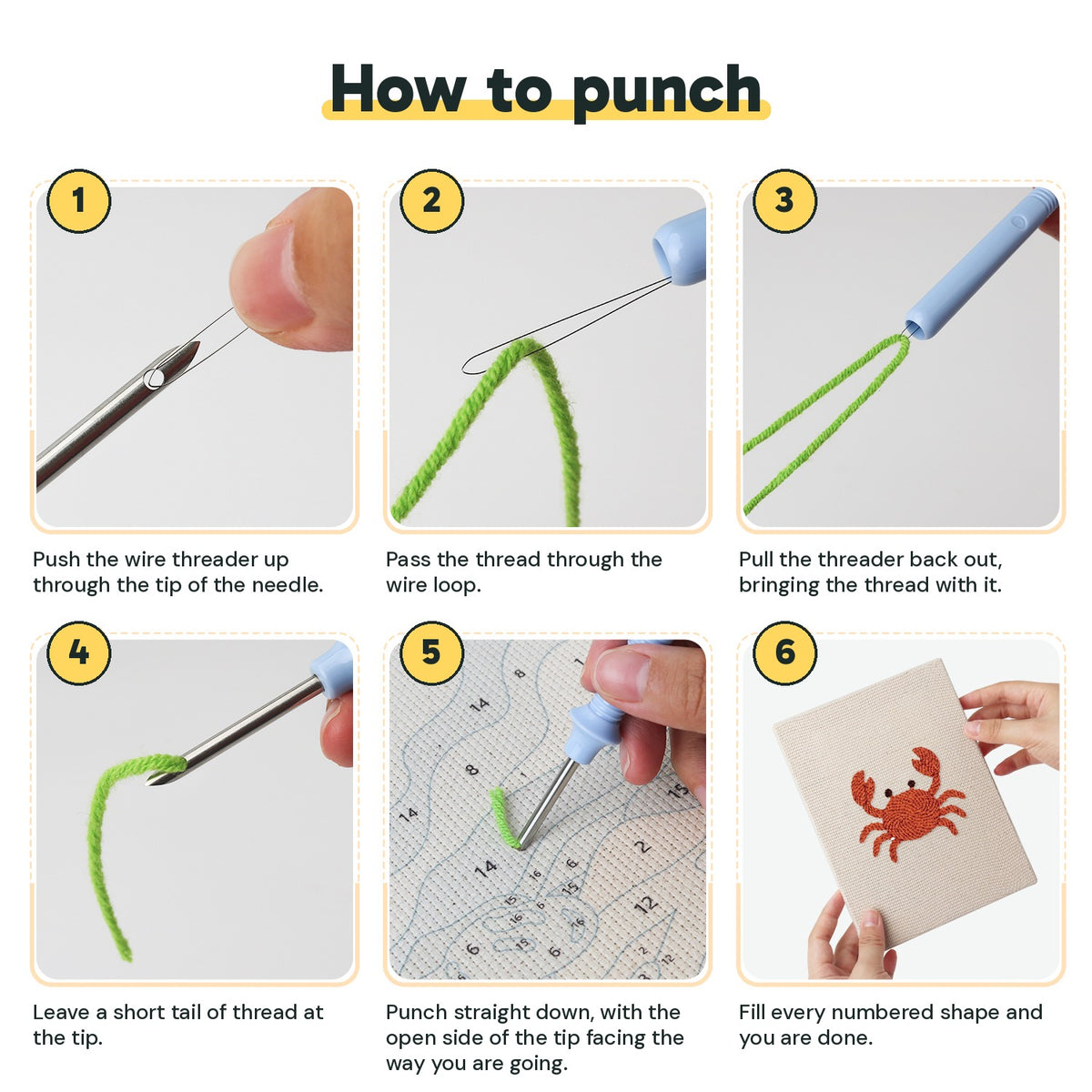 Six steps showing how to thread and use the punch needle