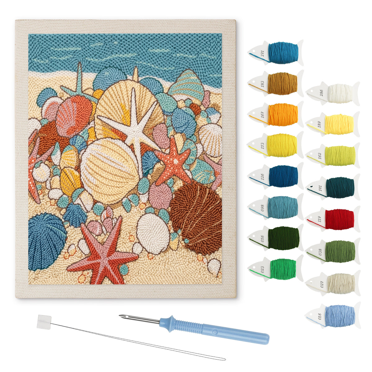 Seashell Beach punch needle kit: finished canvas with threads, punch needle and threader