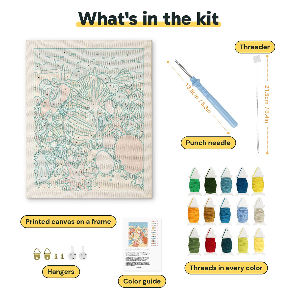 What is in the Seashell Beach kit: printed canvas, punch needle, threader, threads, color guide and hangers