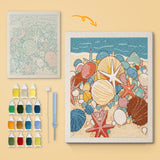 Seashell Beach canvas before and after punching, with the threads and tools