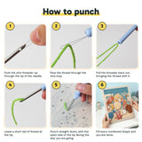 Six steps showing how to thread and use the punch needle