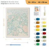 Seashell Beach punch needle kit, 16 × 20 in (40 × 50 cm): canvas size and kit contents