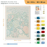 Seashell Beach punch needle kit, 24 × 32 in (60 × 80 cm): canvas size and kit contents
