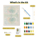 What is in the Seasons Tree Lake kit: printed canvas, punch needle, threader, threads, color guide and hangers
