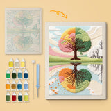 Seasons Tree Lake canvas before and after punching, with the threads and tools