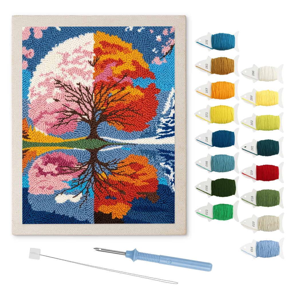 Seasons Tree Mirror punch needle kit: finished canvas with threads, punch needle and threader