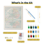 What is in the Seasons Tree Mirror kit: printed canvas, punch needle, threader, threads, color guide and hangers