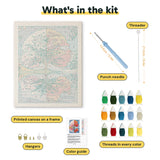 What is in the Seasons Tree Mirror kit: printed canvas, punch needle, threader, threads, color guide and hangers