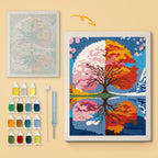 Seasons Tree Mirror canvas before and after punching, with the threads and tools