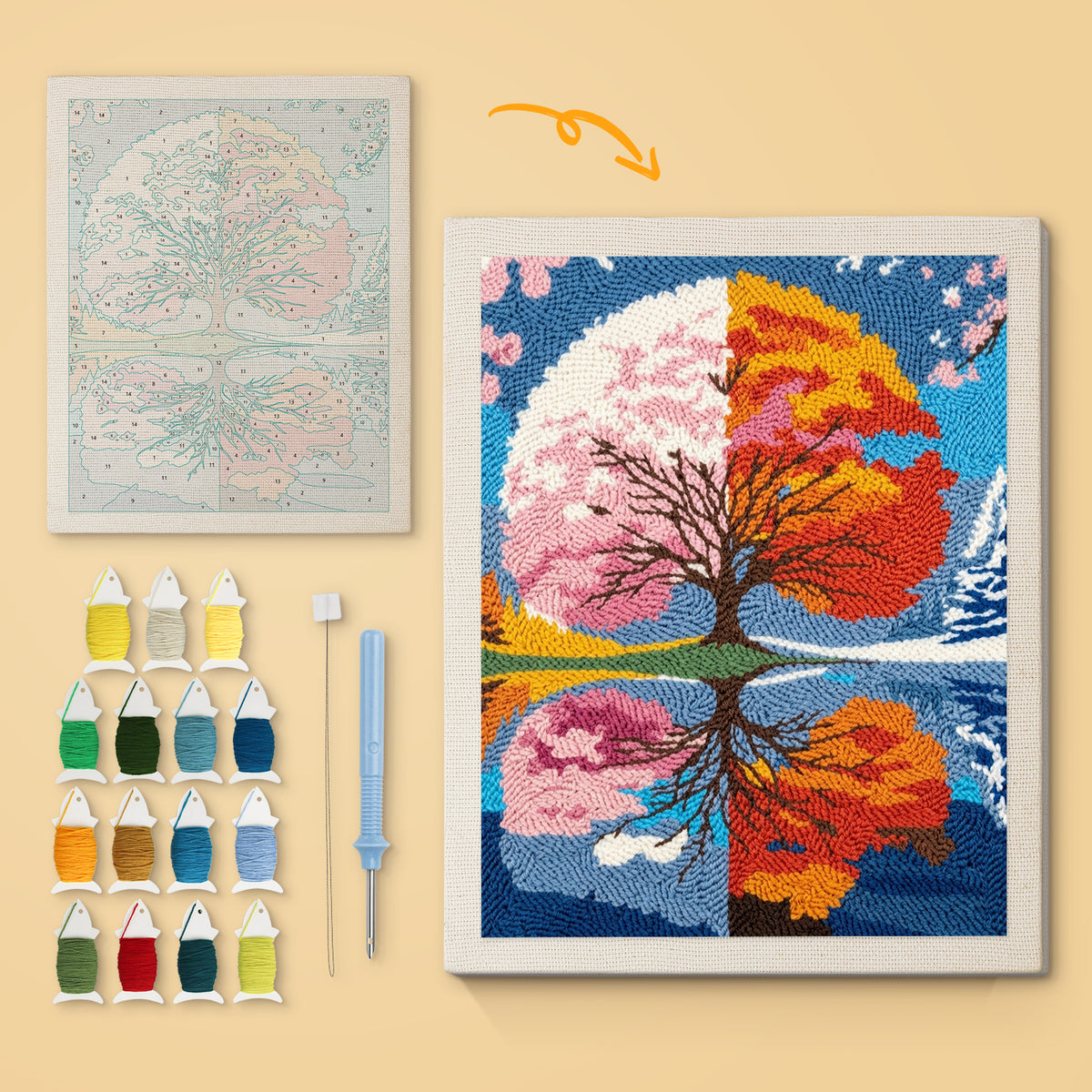 Seasons Tree Mirror canvas before and after punching, with the threads and tools