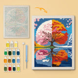 Seasons Tree Mirror canvas before and after punching, with the threads and tools
